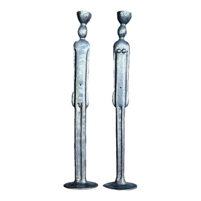 1980s Pair of Modernist Figural Candlesticks, Silver-Toned Cast Metal, Male & Female For Sale