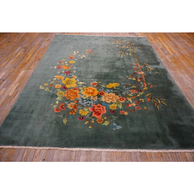 1930s Green Bamboo Floral Antique Chinese Art Deco Rug 8' 9'' X 11' 0'' Handknotted Wool Carpet For Sale - Image 4 of 12