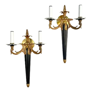 Pair Louis XVI Style French Sconces / Wall Lights, Ebony, Bronze, Maison Bagues