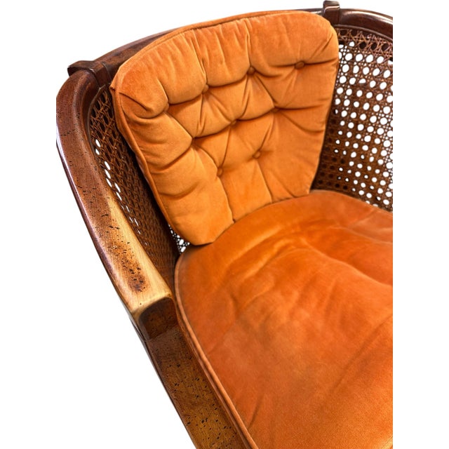 Mid 20th Century Pair of Mid-Century Caned Barrel Back Chairs With Persimmon Velvet Upholstery For Sale - Image 5 of 11
