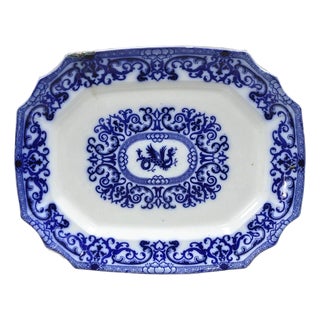 Antique Flow Blue and White Transferware Ironstone Platter Dish W Chinese Dragon For Sale