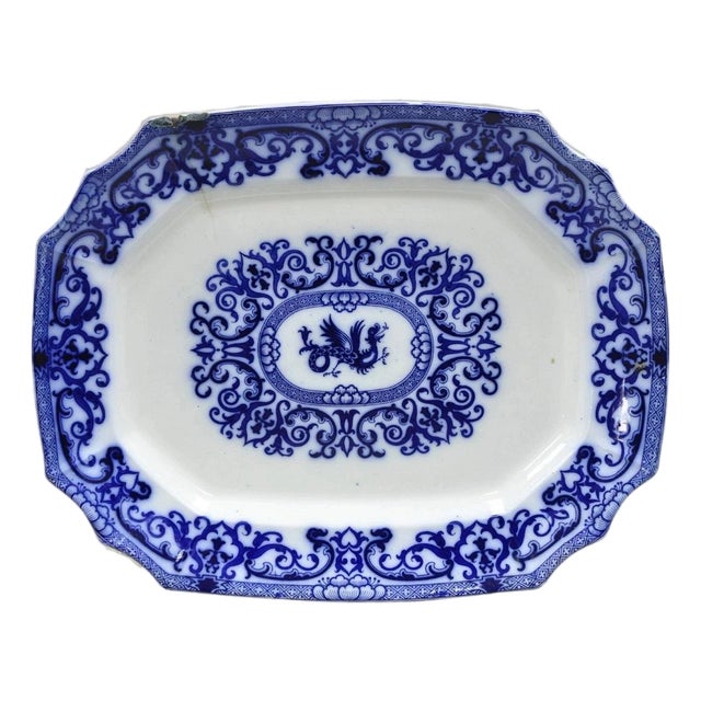 Antique Flow Blue and White Transferware Ironstone Platter Dish W Chinese Dragon For Sale