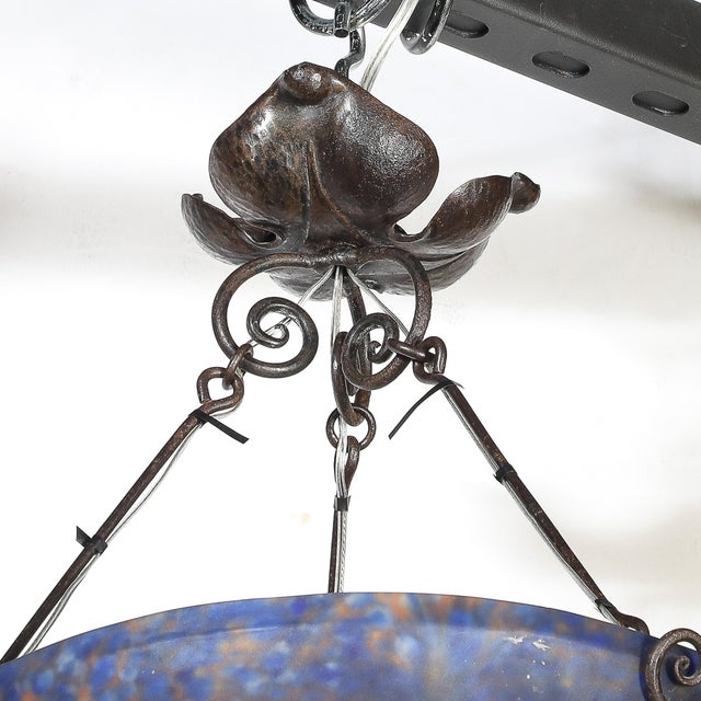 Art Deco Pâte De Verre Blue & Smoked Honey Glass Chandelier W/ Leaf Form Fitting For Sale - Image 16 of 18