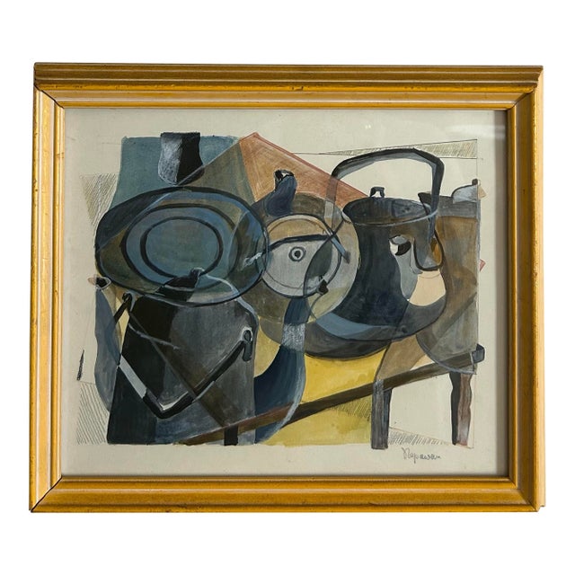 Vintage Abstract Geometric Gouache Painting of Kitchen Tea Kettles ~ Framed For Sale