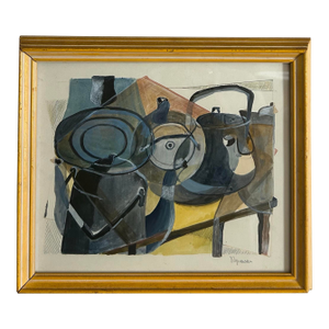 Vintage Abstract Geometric Gouache Painting of Kitchen Tea Kettles ~ Framed
