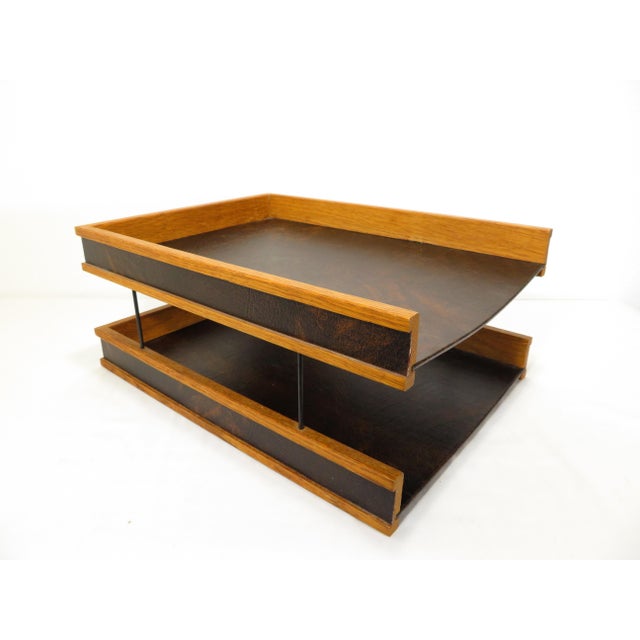 Mid Century Modernist Wood Leather 2 Tiered Letter Holder Desk