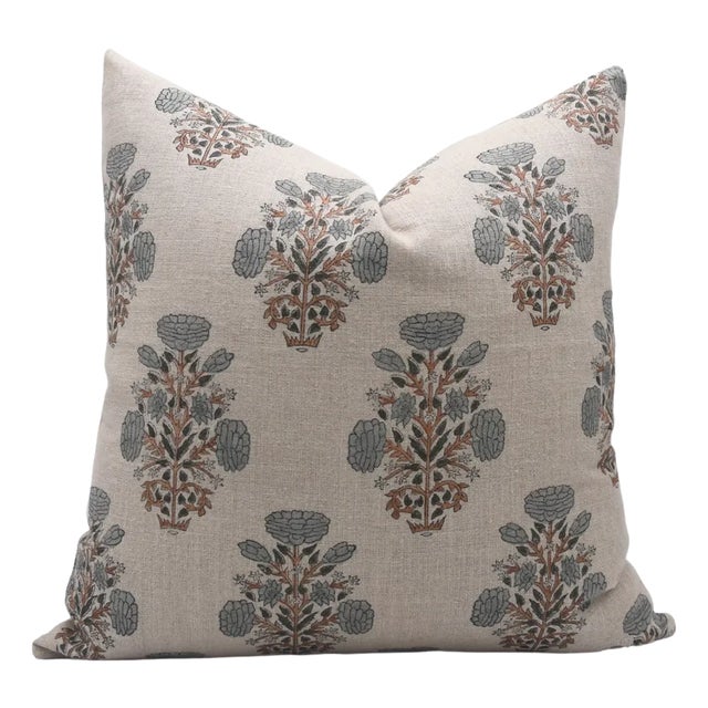 Swadesh Hand Block Leaf Floral Printed Thick Linen Designer Pillow Cover, 12x20 Inch For Sale