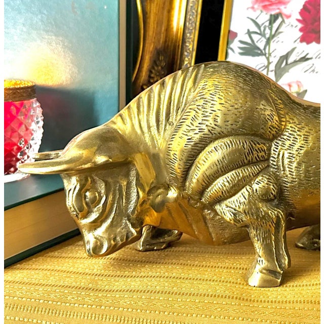 Mid-Century Modern Vintage Brass Bull Statue / Charging Bull Mid Century Modern For Sale - Image 3 of 7