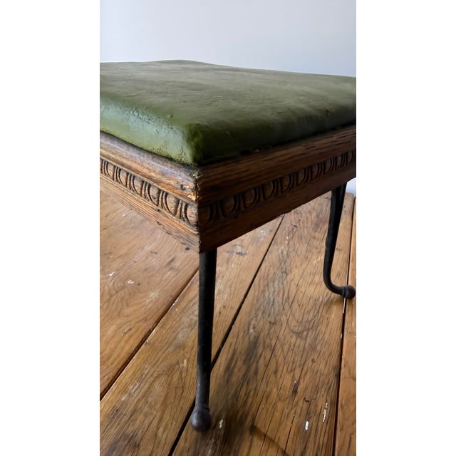 19th Century Antique Cobblers Stool-Carved-Egg and -Dart Trim, Green Leather and Iron Legs. For Sale In Phoenix - Image 6 of 12