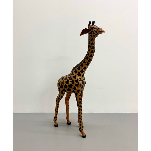 Vintage Hand Painted Folk Art Giraffe Sculpture With Leather Ears For Sale In West Palm - Image 6 of 7