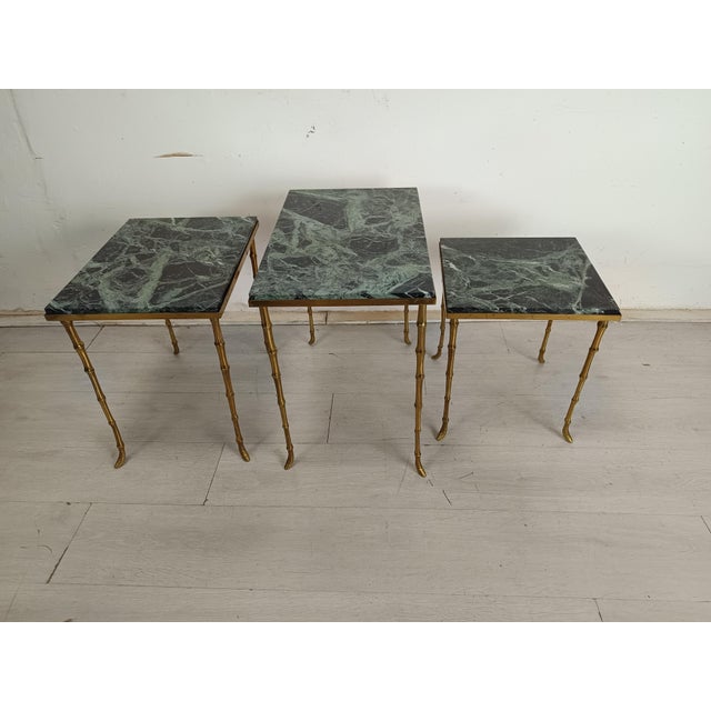 Nesting Tables in Bamboo, Bronze, and Marble from Maison Jansen, 1950s, Set of 3 For Sale - Image 6 of 16