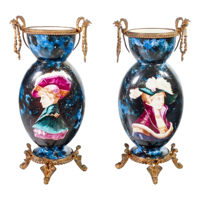 Hand-Painted Ceramic Vases, 1800s, Set of 2 For Sale
