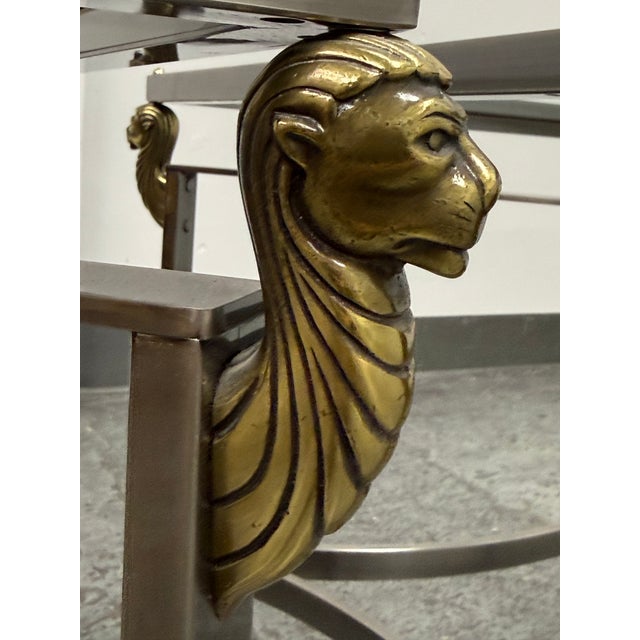 Metal Vintage Hollywood Regency Glass Top Lion Head Accent Tables, Pair For Sale - Image 7 of 12