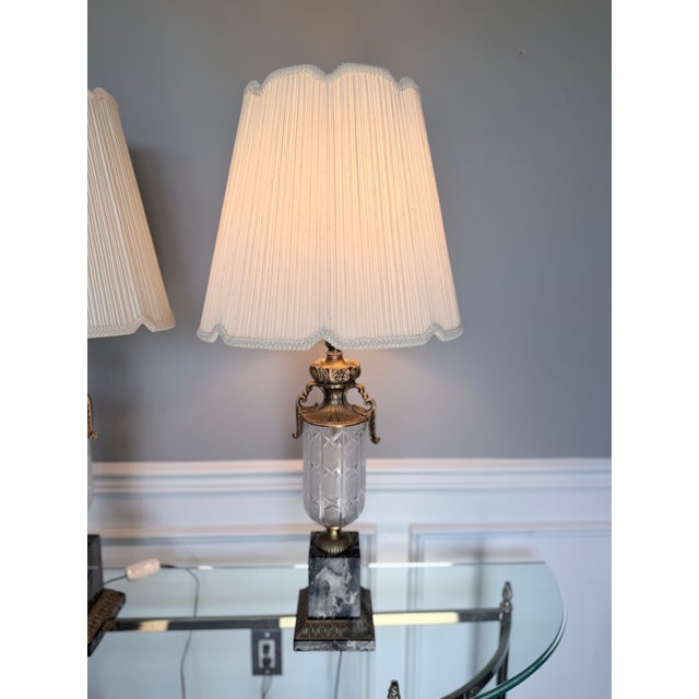 Vintage Crystal and Brass Table Lamps With Marble Bases and Pleated Shades - a Pair For Sale - Image 11 of 15