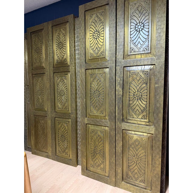 Brass Vintage Hand-Hammered Brass-Clad Double Doors | Architectural Statement Pair 80x36 For Sale - Image 8 of 9