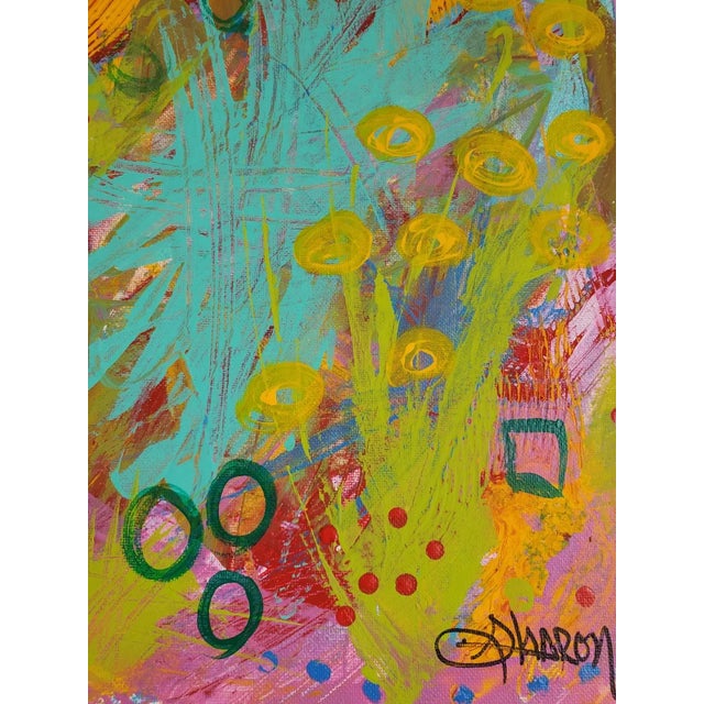 Acrylic on Stretched Canvas measures 16x20 inches. Primarily hues of pinks greens and yellows. Contemporary Art. Unframed.