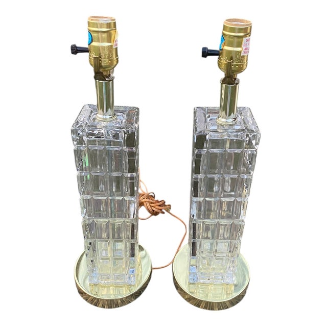 1990s Vintage Portuguese Crystal Column Table Lamps, a Pair, Faceted Glass, Brass Bases. For Sale - Image 5 of 11