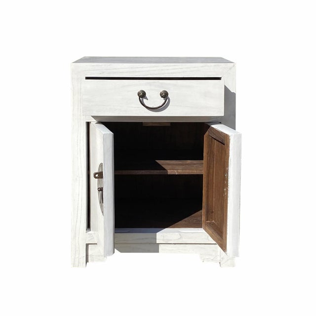 Oriental Distressed Off White Lacquer End Table Nightstand Cabinet For Sale - Image 4 of 6
