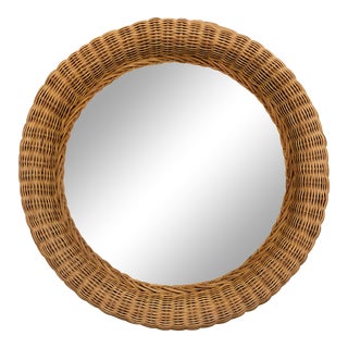 Vintage Natural Wicker Round Circle Mirror For Sale