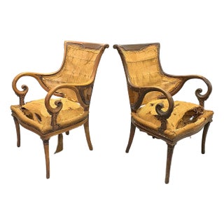 Antique Victorian Nouveau Style Deconstructed Wood Armchairs With Brass Inlay Back Detail- A Pair For Sale