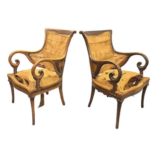 Antique Victorian Nouveau Style Deconstructed Wood Armchairs With Brass Inlay Back Detail- A Pair For Sale