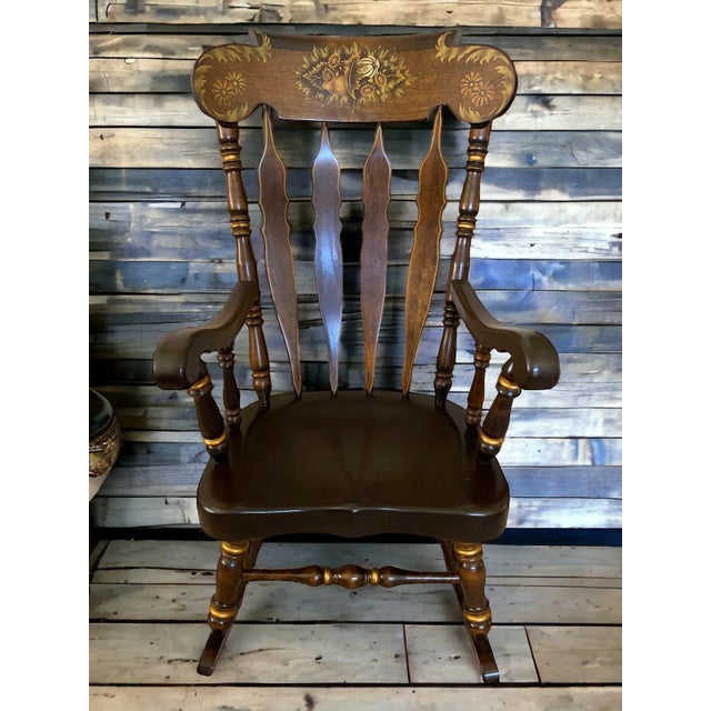 American 1960s Hand Made Nichols and Stone Solid Maple, Rocking Chair. High Back Floral Motif, Accented Throughout With Gold Tone Rings. For Sale - Image 3 of 12