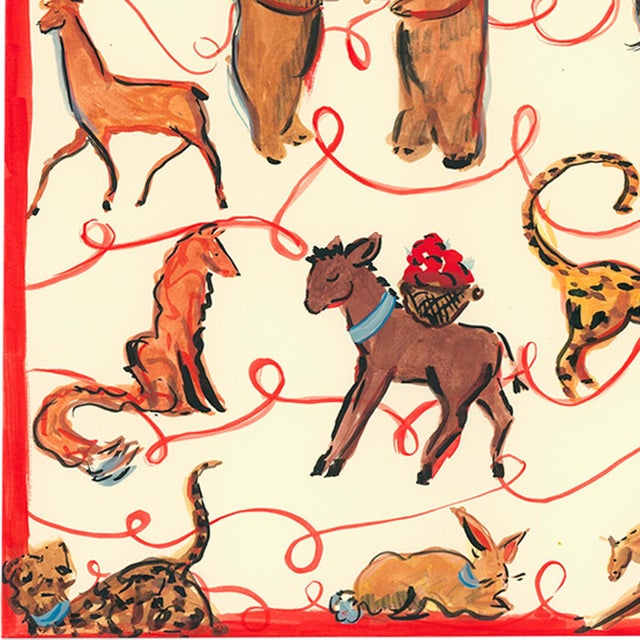 A collection of sweet animals with a red ribbon motif throughout and a red painted boarder.