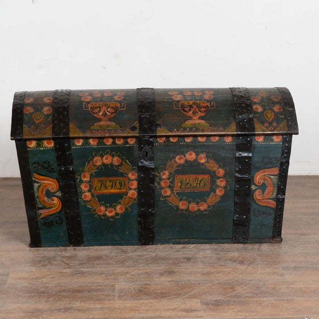 Original Hand Painted Teal Oak Dome Top Swedish Trunk Dated 1846 For Sale - Image 4 of 15