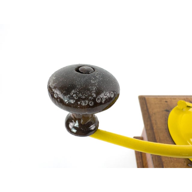 Wood Antique Peugeot Frères Wooden Coffee Grinder With Yellow Handle – Early 20th Century For Sale - Image 7 of 12