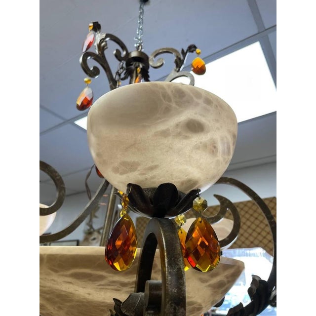 Vintage Fredrick Ramond Alabaster Glass Lighted Chandelier, Amber Crystal Glass, Six Lights, Metal For Sale In New York - Image 6 of 11