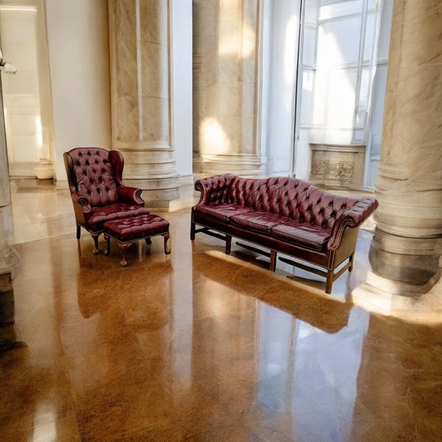 Maroon Elevate Your Living Space With the Timeless Elegance of This Exquisite Chesterfield Leather Set by Brandon Furniture of Nc. For Sale - Image 8 of 12