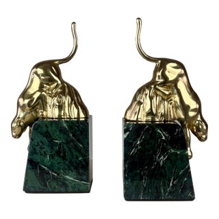 1980s Postmodern Hollywood Regency Brass Panther & Green Marble Bookends - A Pair For Sale