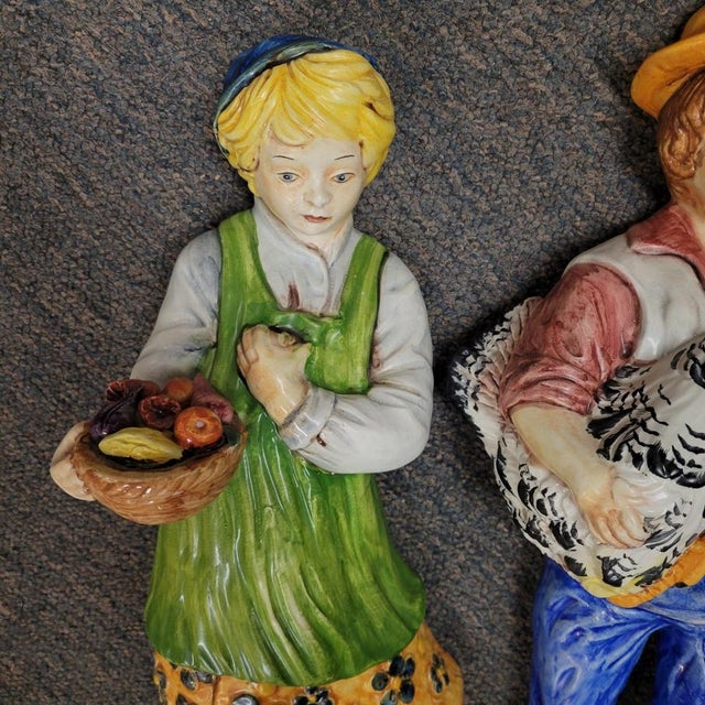 20th C Italian Majolica Ceramic Peasant Children Wall Figurines With