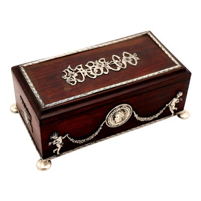 Tobacco Box in Rosewood with Silver Applications For Sale