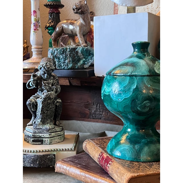 Wood Vintage Empire Revival Faux Malachite Hand Painted Small Table Article Urn For Sale - Image 7 of 9