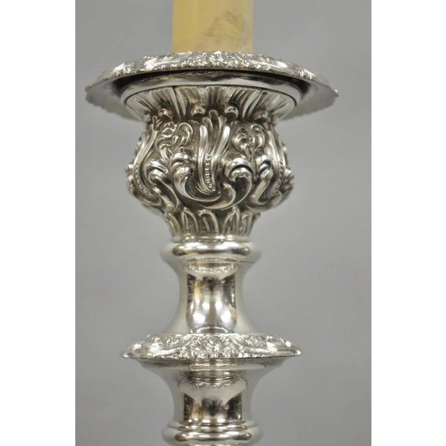 Antique English Victorian Silver Plated Scroll Repousse Candlestick Table Lamp For Sale - Image 4 of 12
