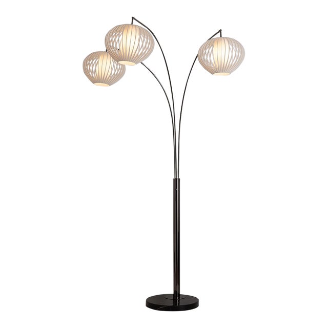 Bloom 3-Light Arc Floor Lamp - Black Nickel, Black Marble Base, White Satin Shade, Dimmer For Sale
