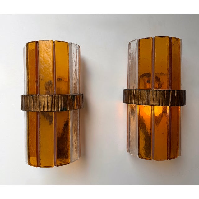 Amber 1970s Amber Glass Hammered Wrought Iron Sconces by Longobard - a Pair For Sale - Image 8 of 11