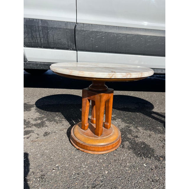 1960s Pair of Vintage Art Deco Marble-Top Pedestal Side Tables For Sale - Image 5 of 5