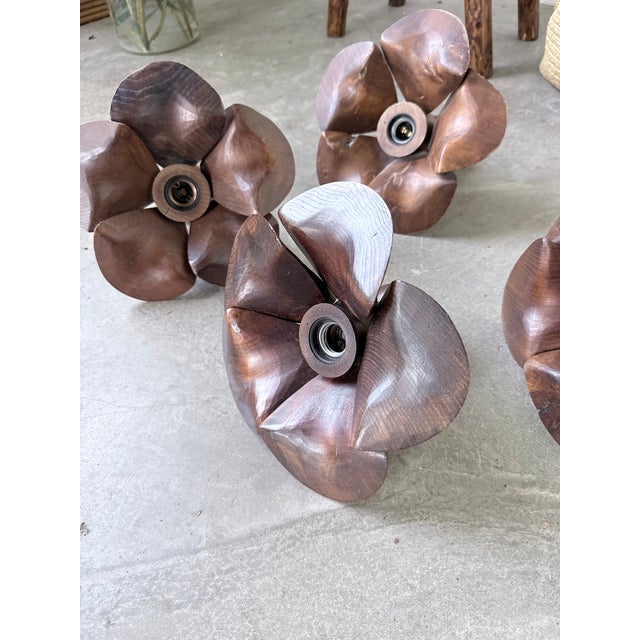Wooden Flower Wall Sconces, 1970s, Set of 4 For Sale - Image 3 of 18