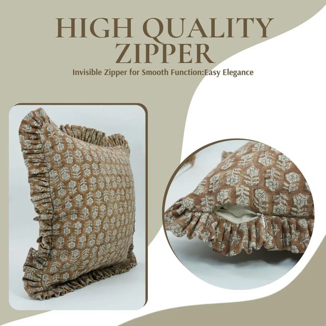 Art Deco Fabdivine Decorative Block Print Frill Cushion Cover Brown 16x16 Inch Thick Linen- Tulsi Buti For Sale - Image 3 of 5