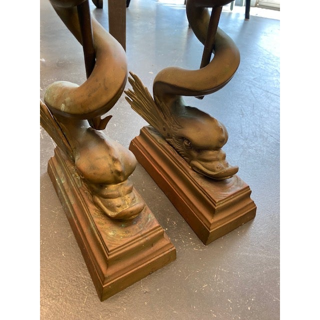 Traditional A Pair of Large Cast Bronze Dolphin Serpent Trident Doorstops For Sale - Image 3 of 6