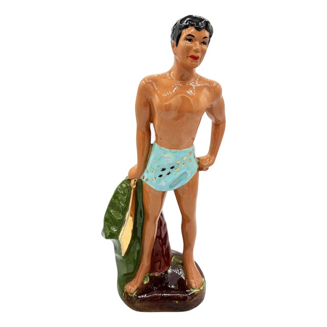 Mid 20th Century Hawaiian Man in Blue Trucks W/ Gold Machete Ceramic Sculpture 14" For Sale