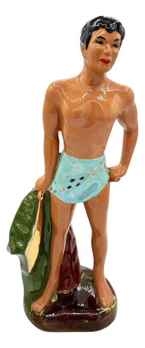 Mid 20th Century Hawaiian Man in Blue Trucks W/ Gold Machete Ceramic Sculpture 14"