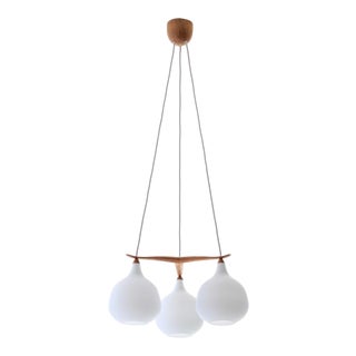 Scandinavian Modern Oak and Opaline Glass 510 Chandelier by Uno & Östen Kristiansson for Luxus, 1952 For Sale
