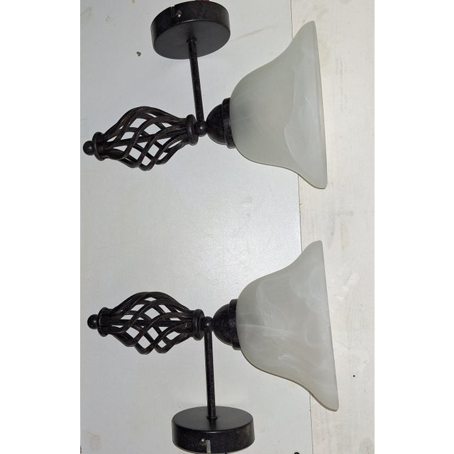 Vintage Wall Lamps with Black Metal Frame and Marbled White Glass Shade by Crestano, 2000s, Set of 2 For Sale - Image 4 of 8