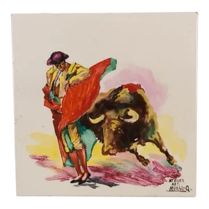 Vintage Spanish Matador Bull Fighter Toro Hand Painted Ceramic Tile Trivet " Atelier Art. Mural-Q"