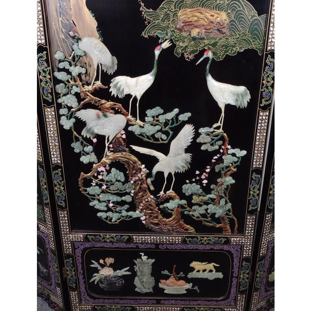 Wood Vintage Chinese Five-Panel Black Lacquer Hardstone Inlaid Crane Room Divider Screen For Sale - Image 7 of 8