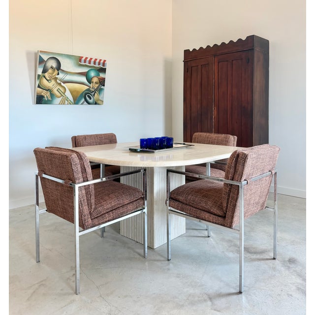 Fabulous set of four chrome Minimalist armchairs in excellent structural condition; newly upholstered August 2026. Chrome...