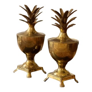 Vintage Mid Century Pair of Brass Pineapple Urns For Sale